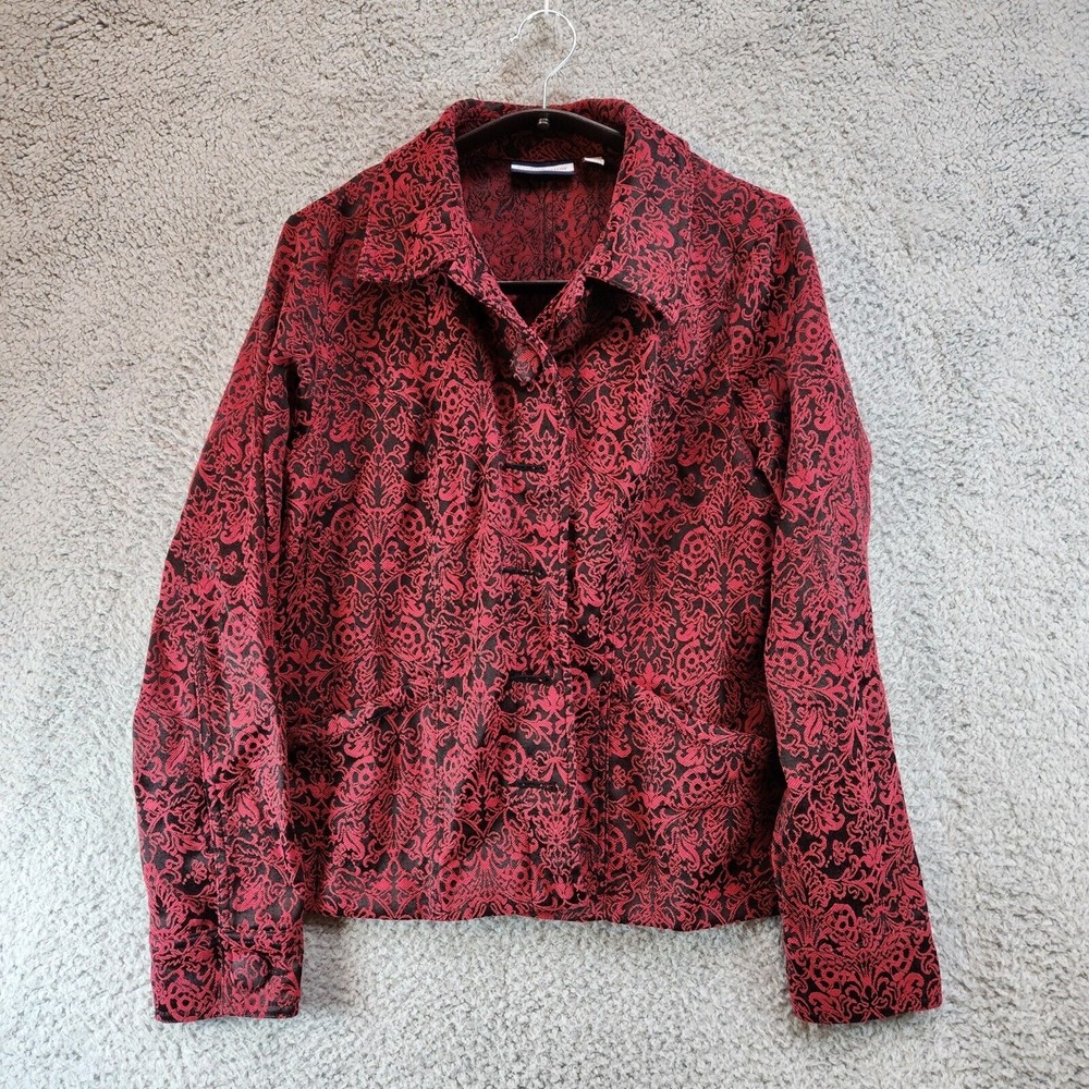 Croft & Barrow Blazer Jacket Women Medium Red Black Jacquard Cotton Button Front